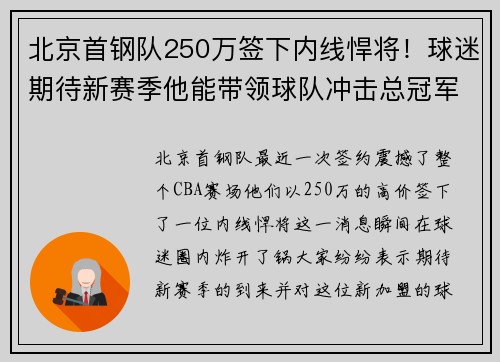 北京首钢队250万签下内线悍将！球迷期待新赛季他能带领球队冲击总冠军！