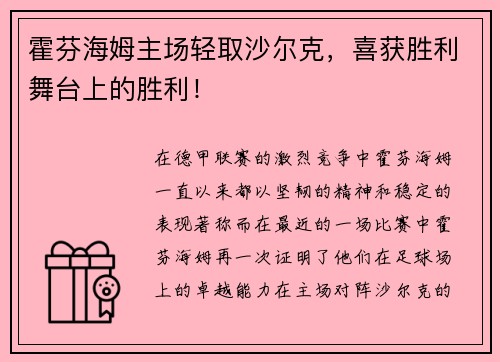 霍芬海姆主场轻取沙尔克，喜获胜利舞台上的胜利！